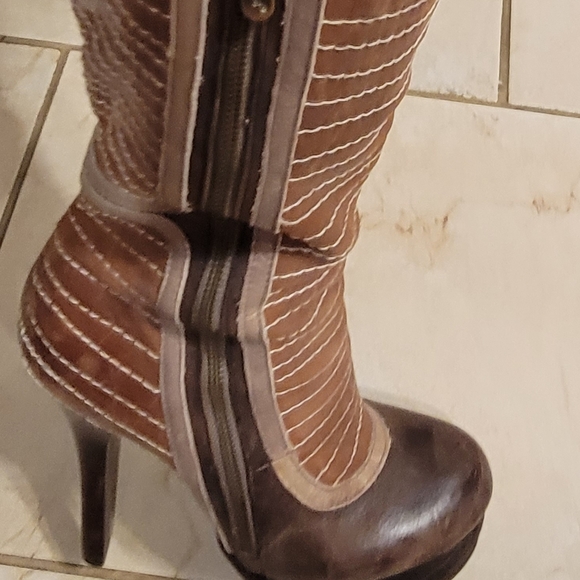 High heel below knee boots. Size 8. Unique.  Distressed brown leather like. - Picture 2 of 5